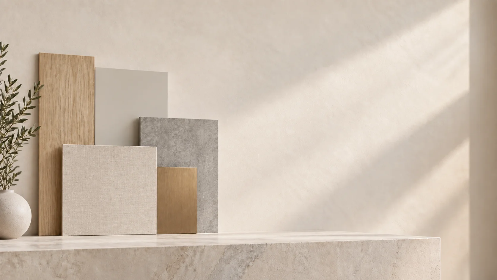 A potted plant and oak, grey, woven, and tea-gold finish boards displayed on a pale stone table in natural light