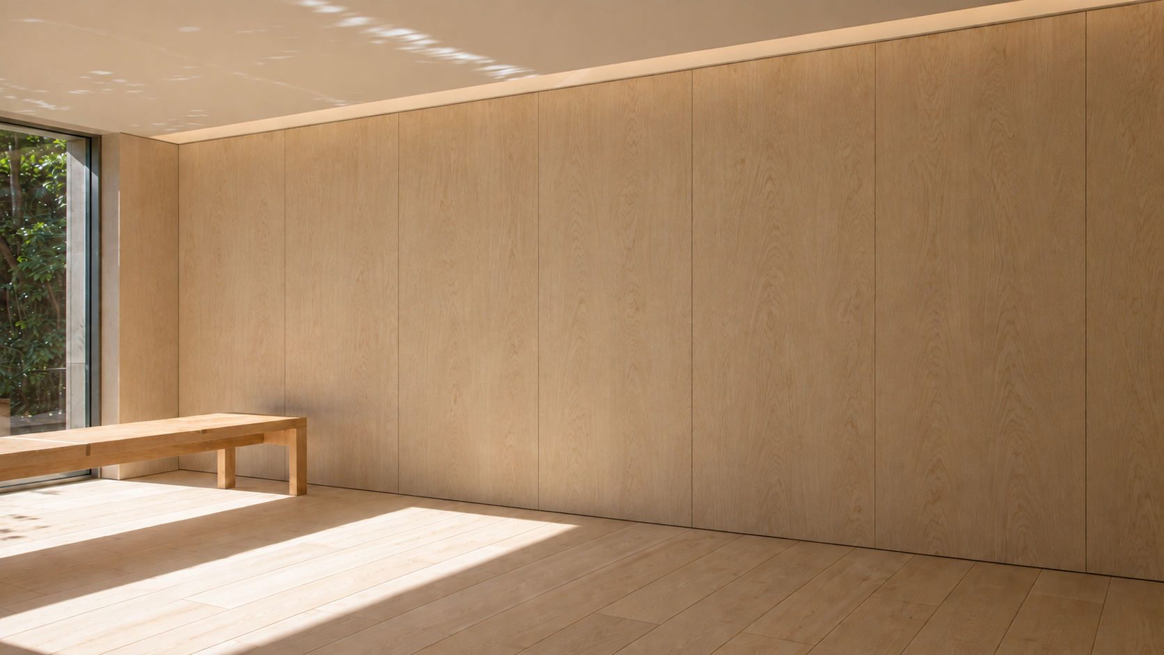 A modern interior featuring woodgrain wall panels and flooring